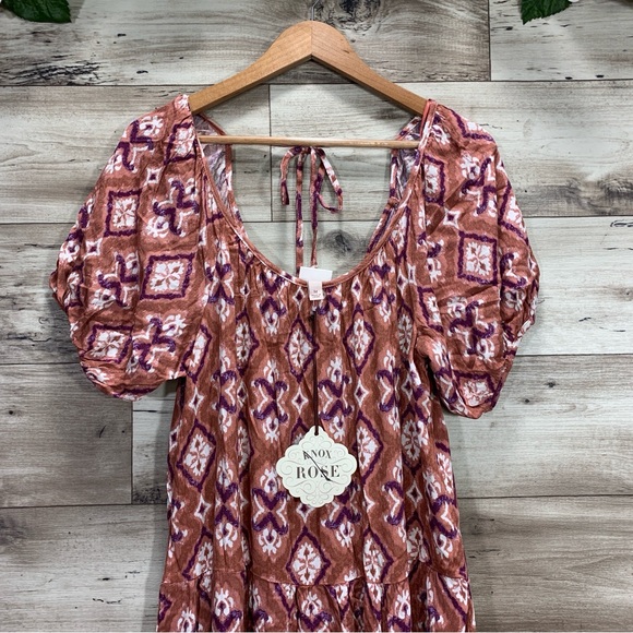 Knox rose women's size XL artsy batik rayon puff sleeve midi boho prairie dress - Picture 2 of 13